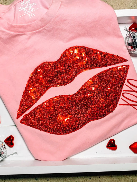 Valentine Lips XOXO Embroidered Tee - Light Pink