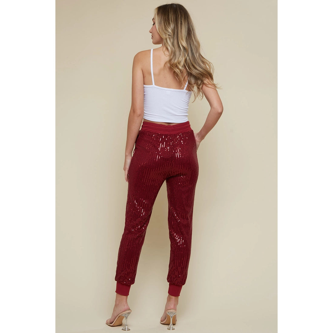 Stretchy Sequin Jogger Pants - Wine