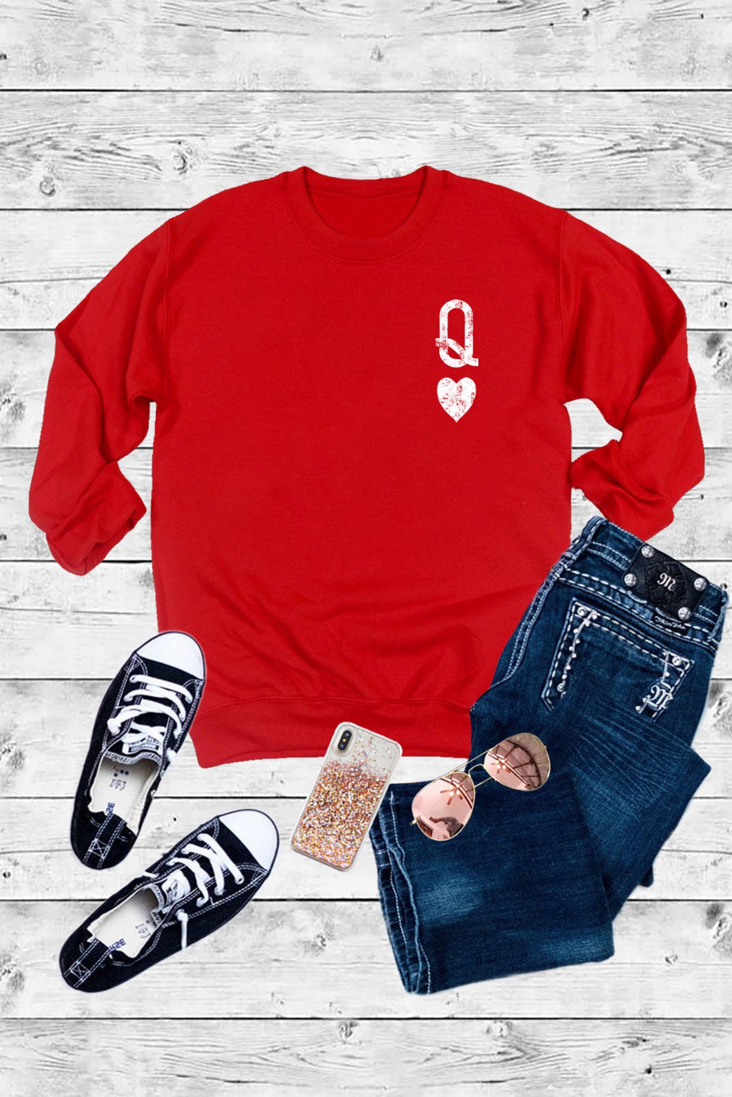 Queen of Hearts Crew Neck Fleece Sweatshirt - Red