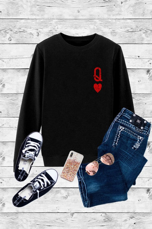 Queen of Hearts Crew Neck Fleece Sweatshirt - Black