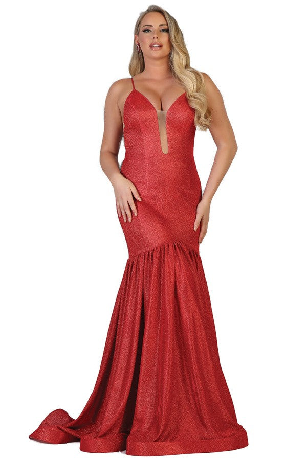 V-Neck Glitter Mermaid Dress - Red