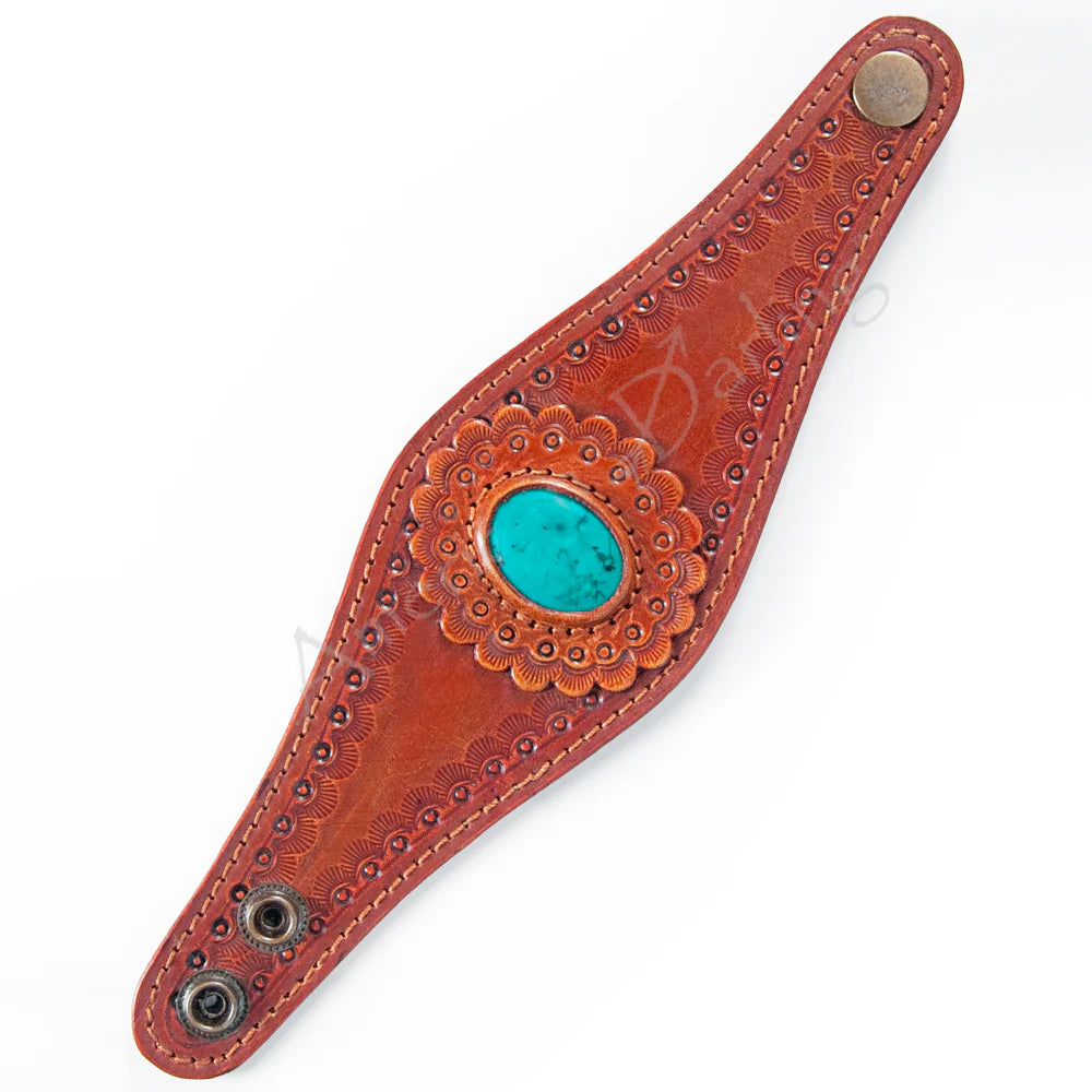 Western Tooled Turquoise Stone Leather Cuff Bracelet