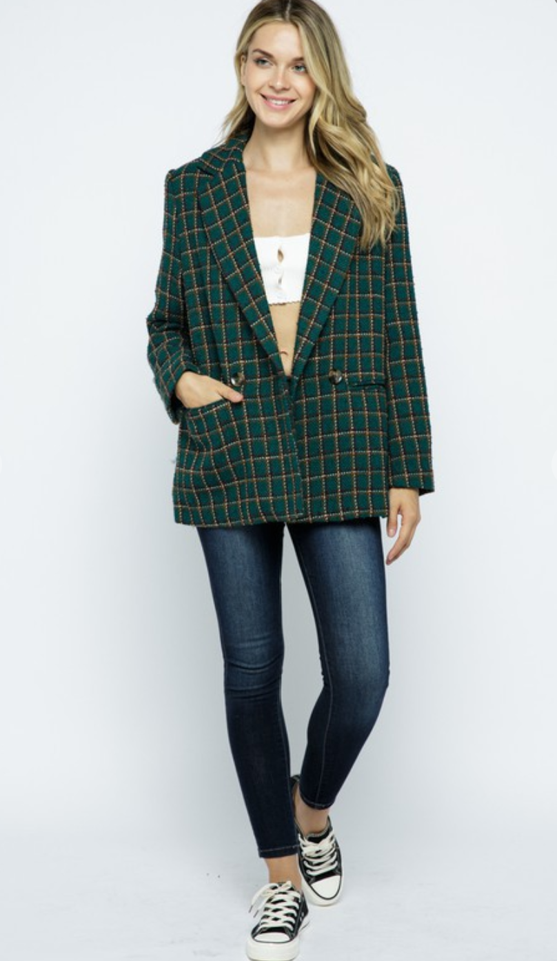 Tweed Plaid Blazer Jacket - Green
