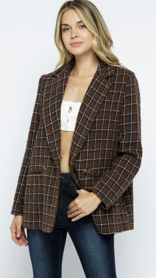 Tweed Plaid Blazer Jacket - Brown
