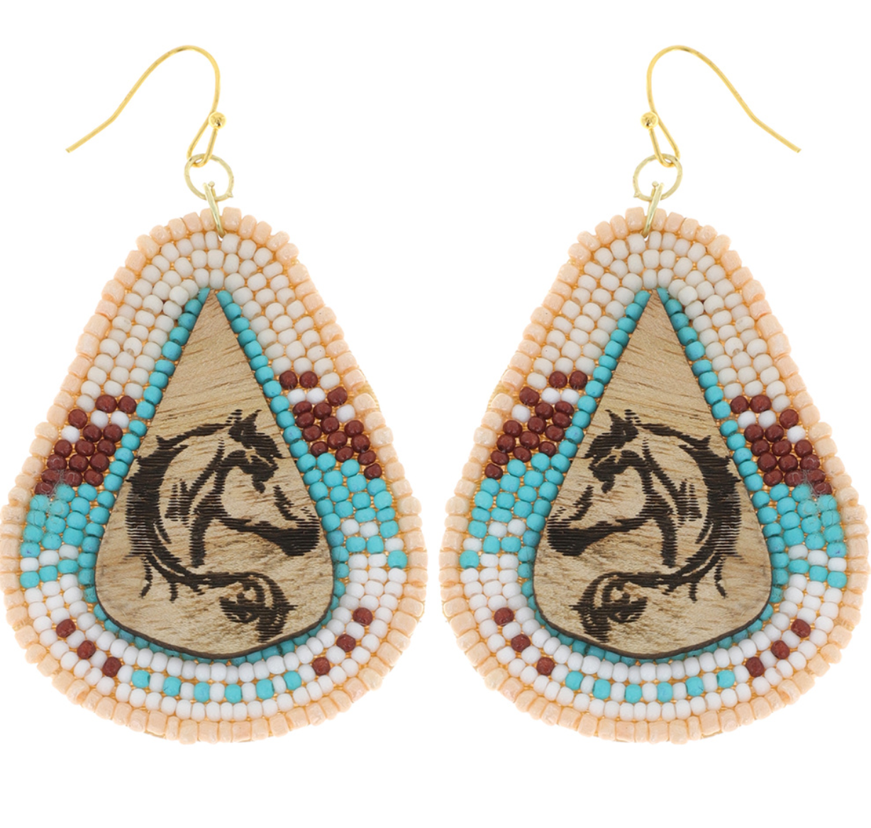 Western Seed Beed & Wood Horse Earrings - Ivory/Turquoise