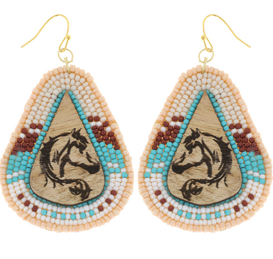 Western Seed Beed & Wood Horse Earrings - Ivory/Turquoise