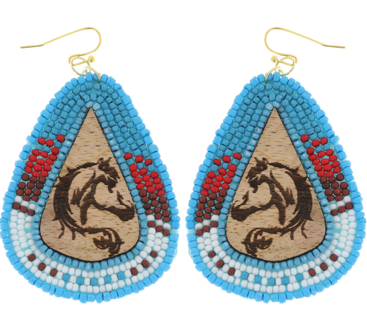 Western Seed Beed & Wood Horse Earrings - Blue/Red