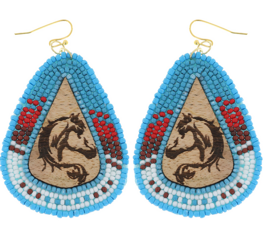 Western Seed Beed & Wood Horse Earrings - Blue/Red