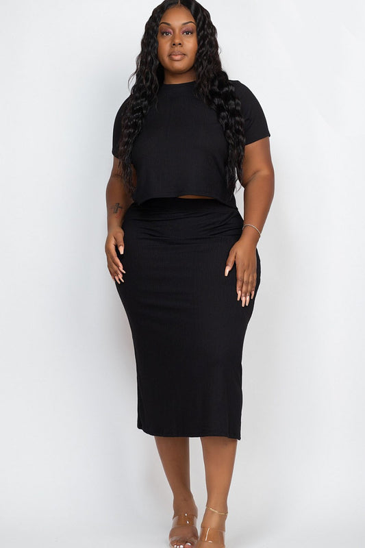 Curvy Girl Ribbed Solid Top and Midi Skirt Set (Sold Separately) - Black