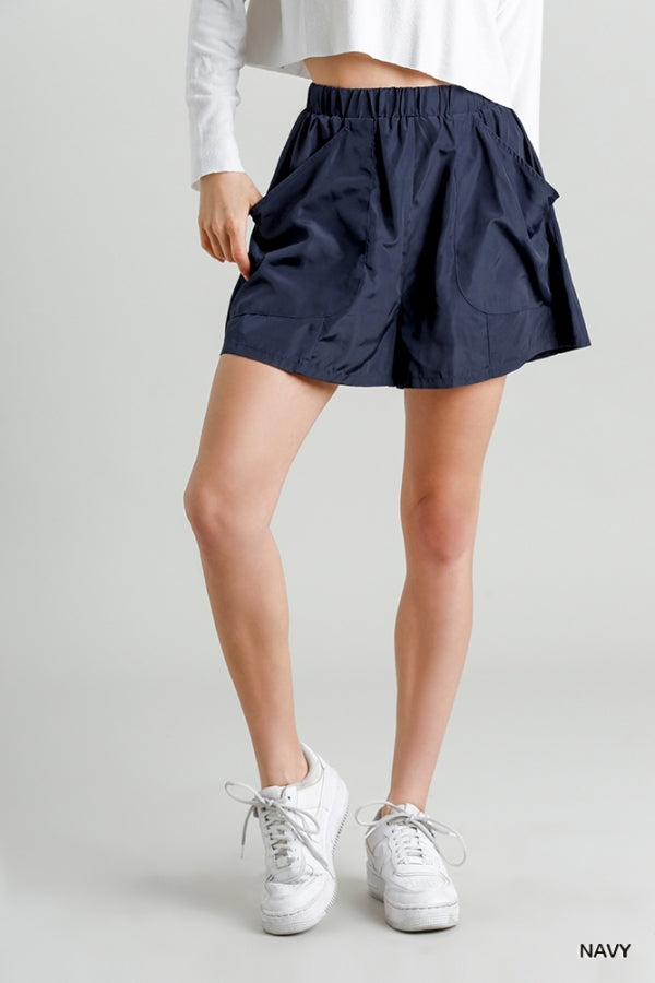 Elastic Waist Wide Leg Shorts - Navy