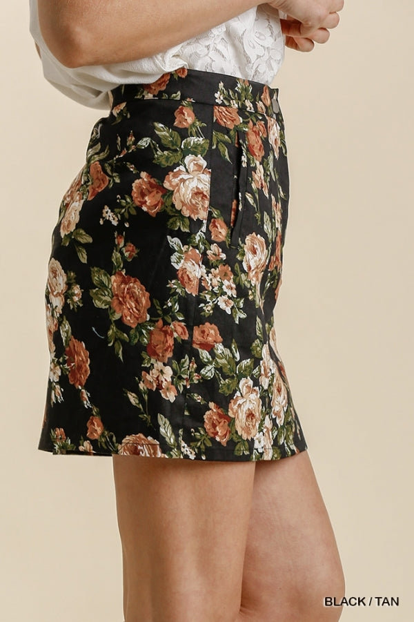 Floral Print Button and Zip Up Closure Skirt - Black