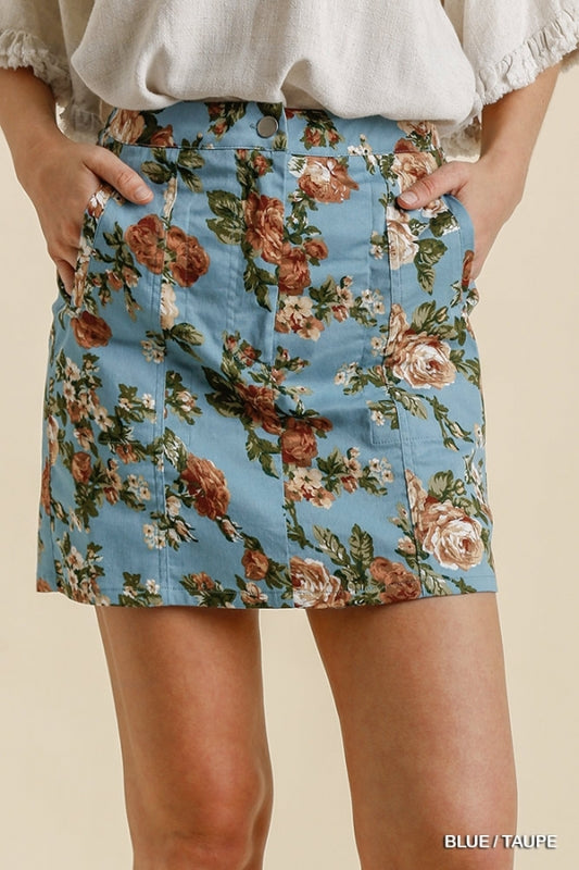 Floral Print Button and Zip Up Closure Skirt - Blue
