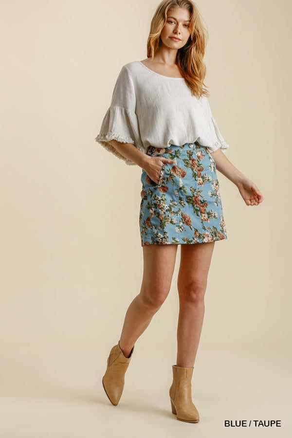 Floral Print Button and Zip Up Closure Skirt - Blue