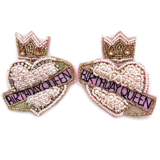 Birthday Queen Crown Seed Bead Earrings - Pink