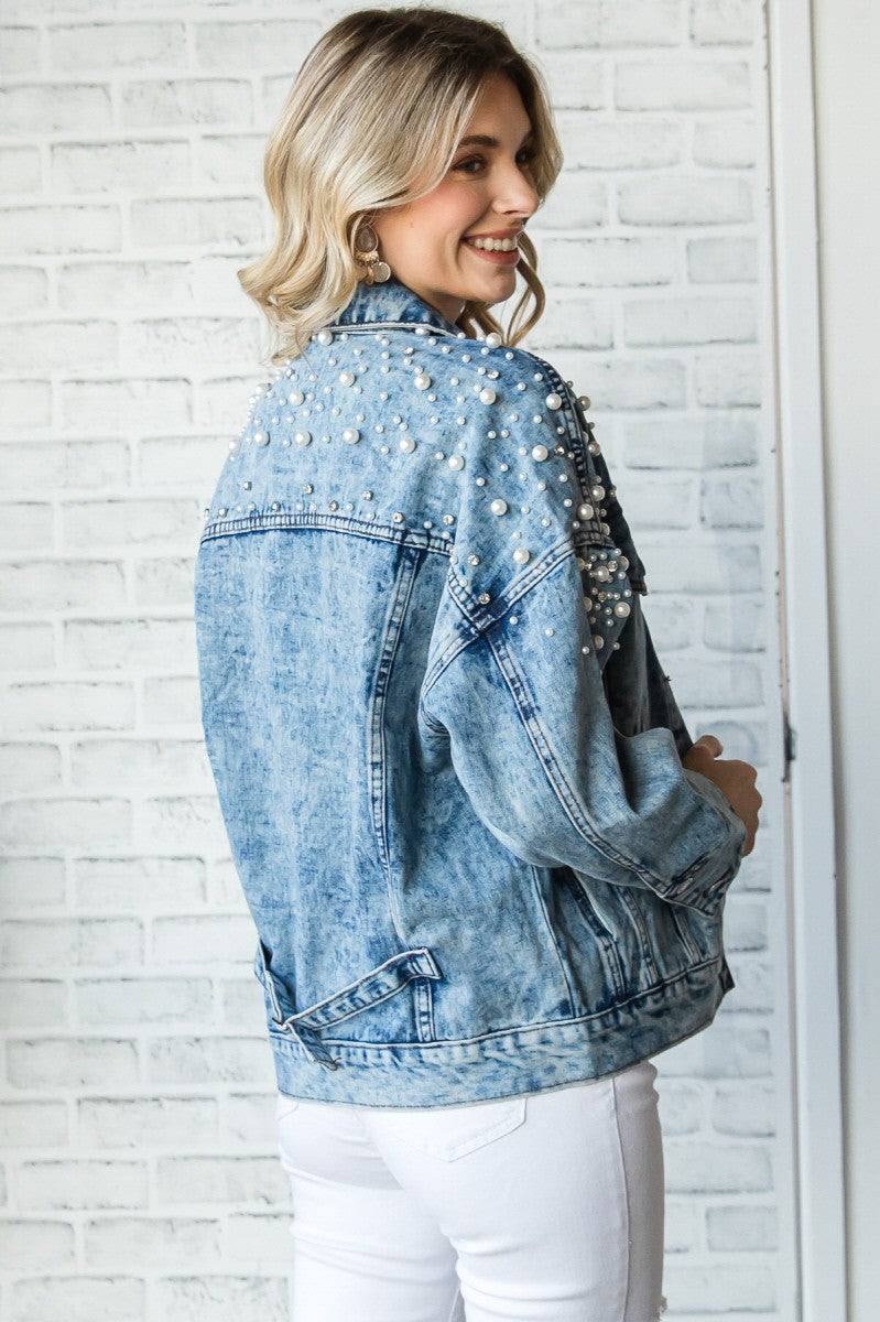 Denim jacket with 2025 pearls and rhinestones