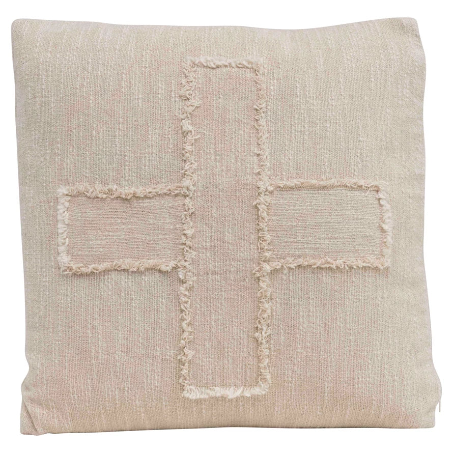 20" Woven Cotton Slub Pillow w/ Embroidered Swiss Cross