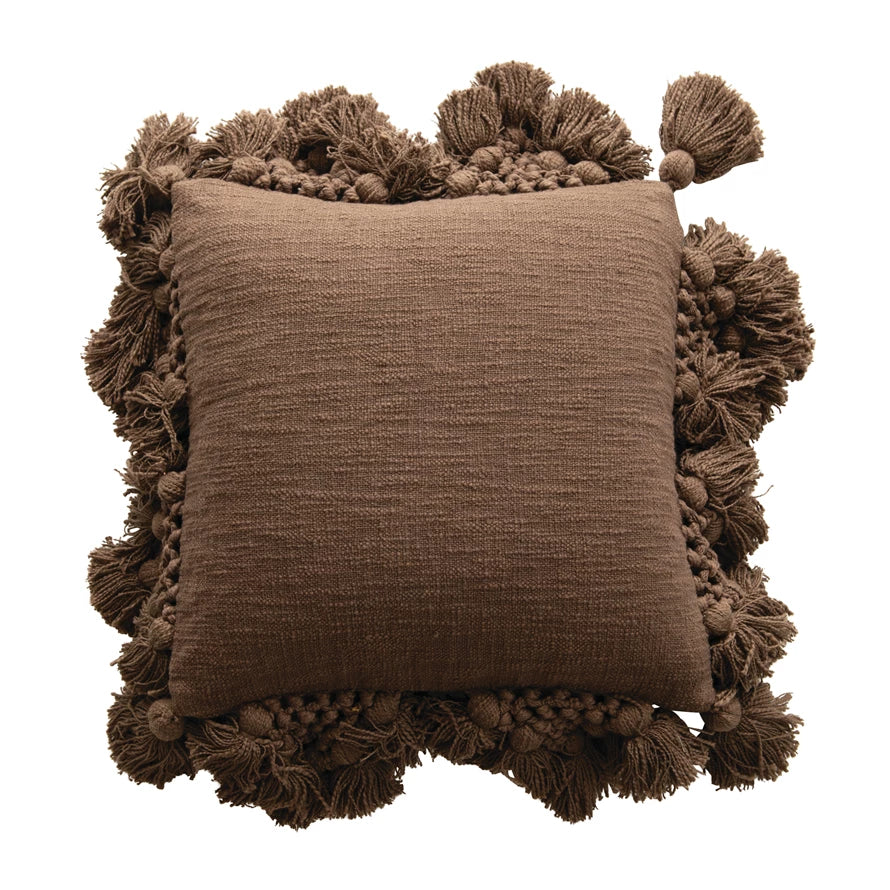 18" Slub Pillow with Crochet & Tassels