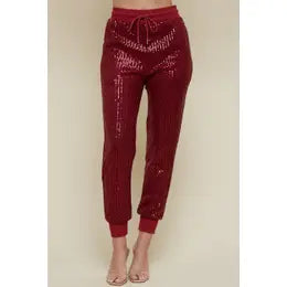 Stretchy Sequin Jogger Pants - Wine