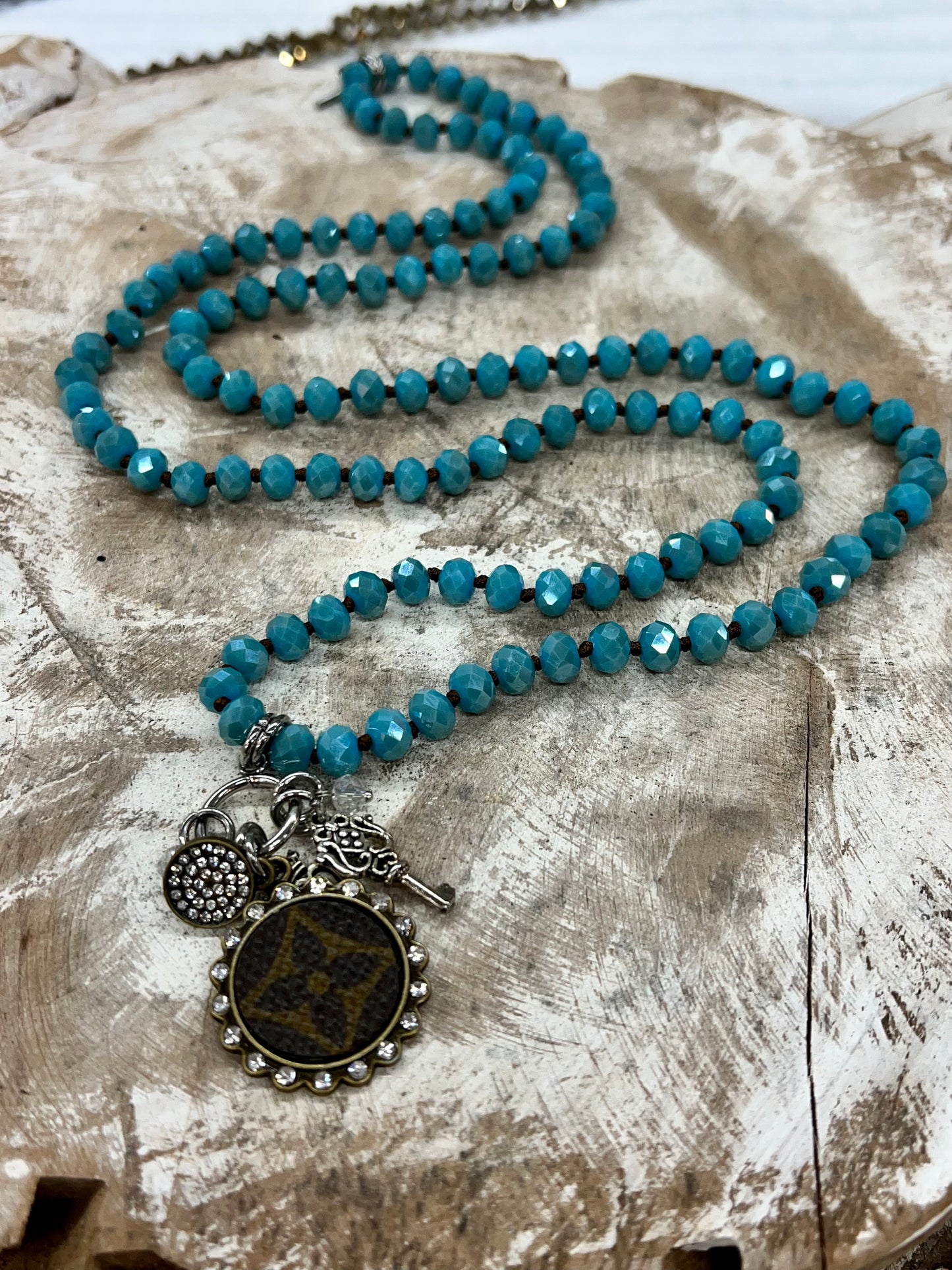 Up-cycled LV Beaded Necklace with Charm Cluster