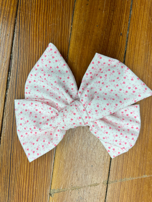 White Hair Bow with Pink Hearts