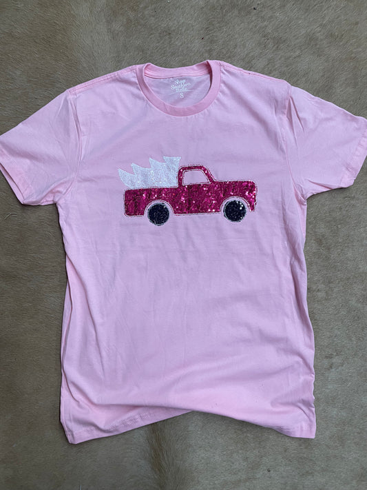 Pink Sequin Christmas Tree Truck Tee