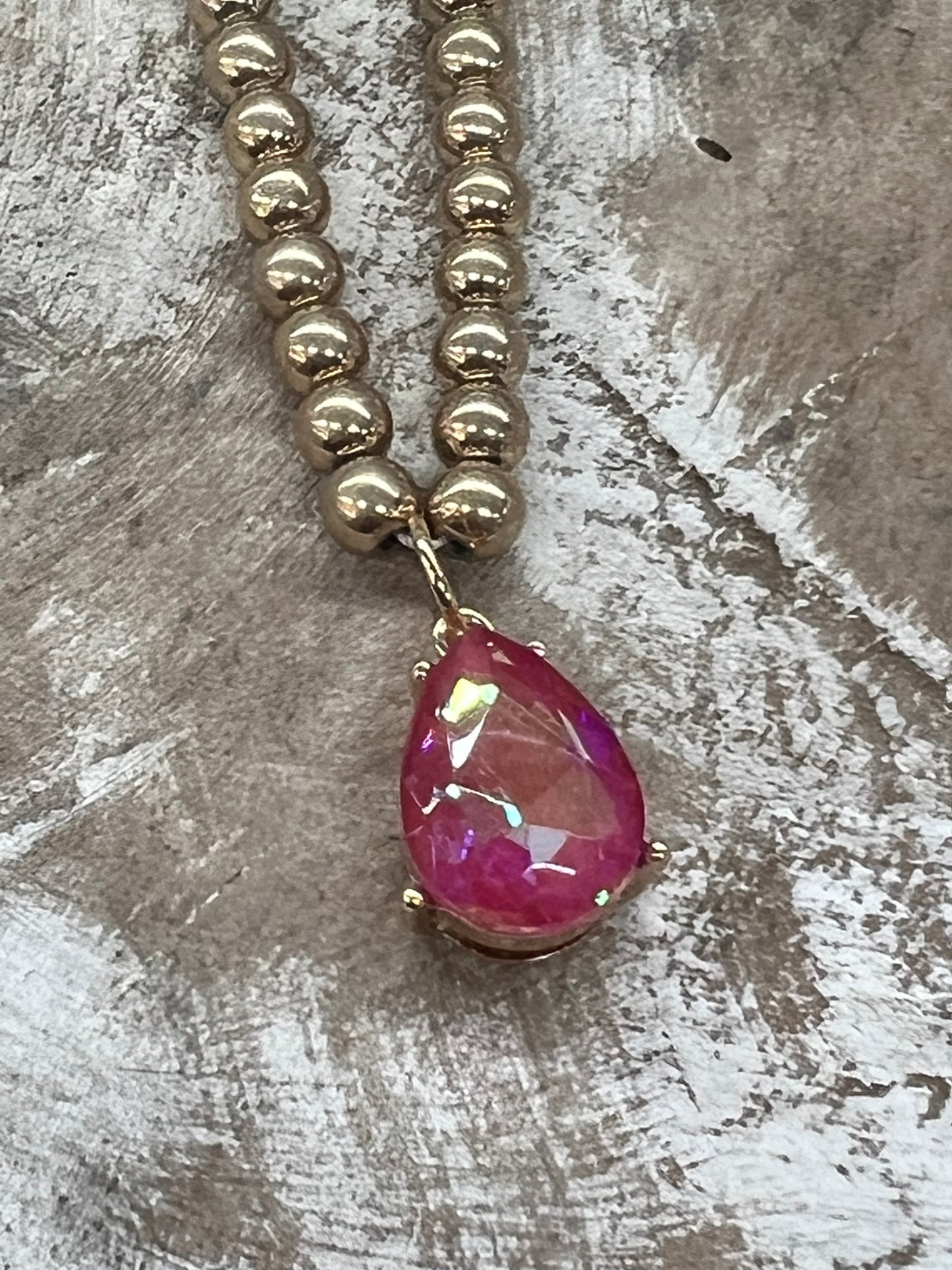 Gold Bead Necklace with Fuchsia Teardrop Charm