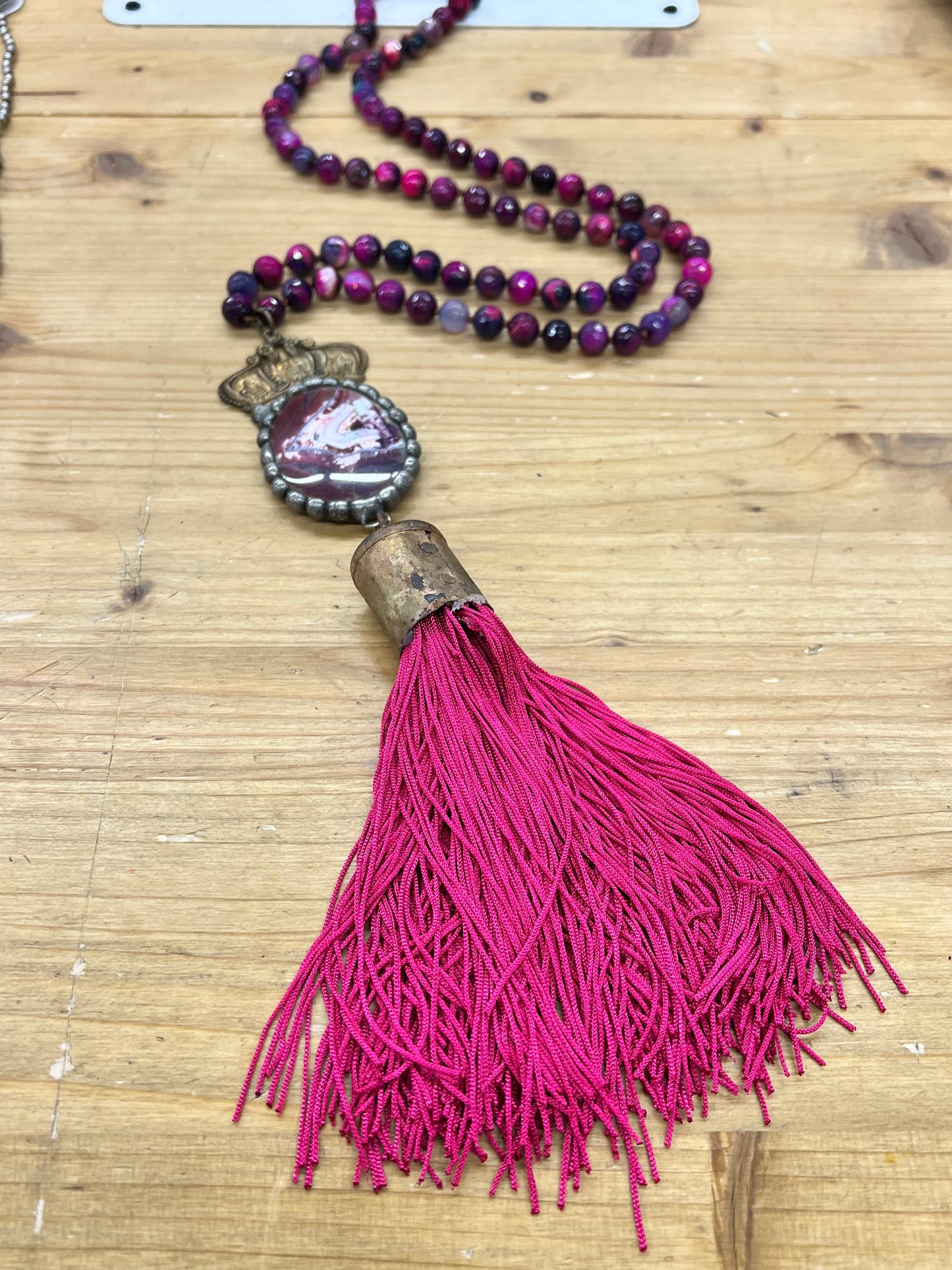 Crowned Gem Beaded Necklace with Tassel