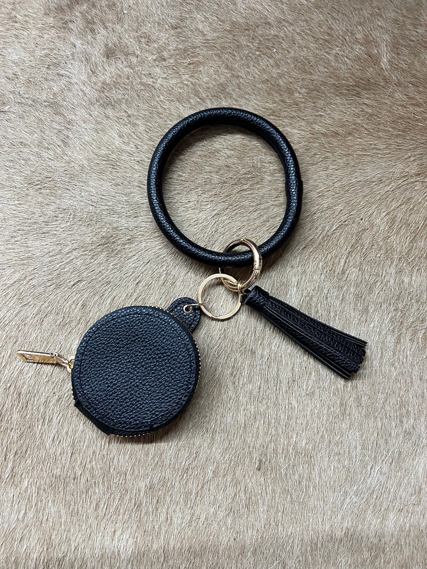 Black Leather Ring Bracelet Key Chain