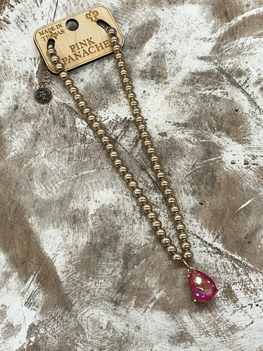 Gold Bead Necklace with Fuchsia Teardrop Charm