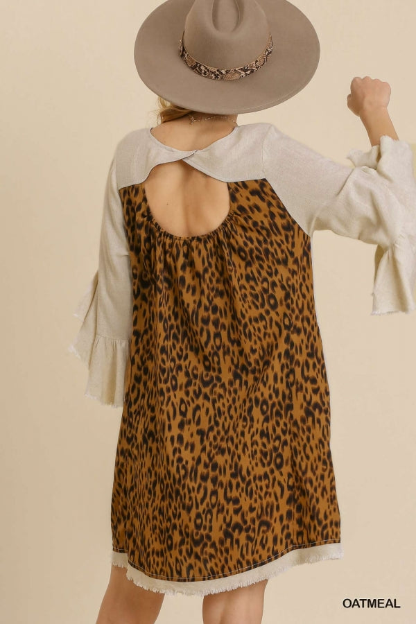 Linen Blend Ruffle Sleeve Animal Print Dress - Oatmeal