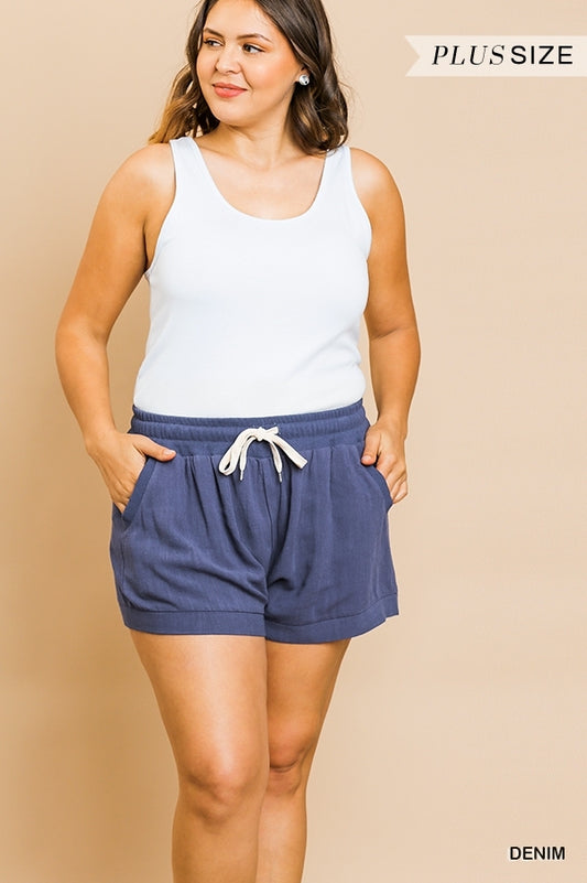 Curvy Girl Linen Blend High Waist Shorts - Denim Blue