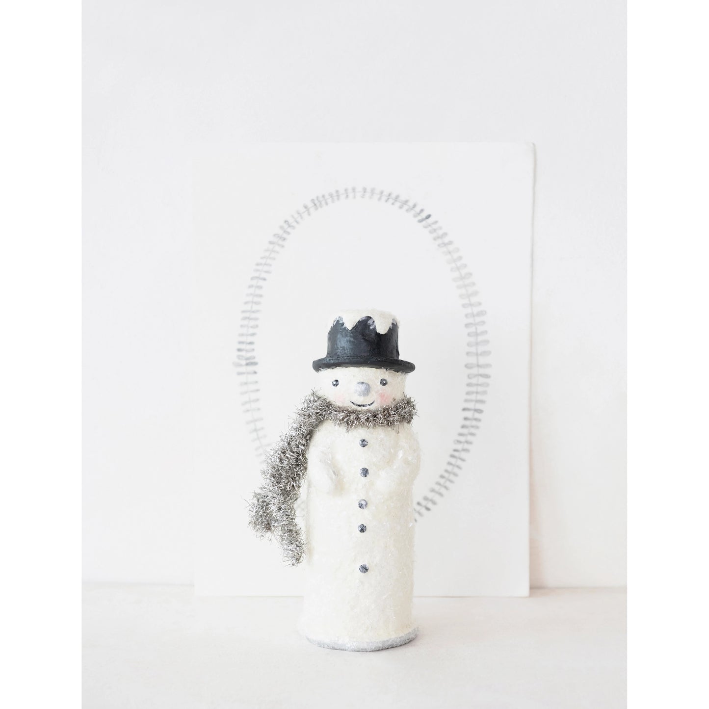 Paper Mache Snowman with Tinsel Scarf